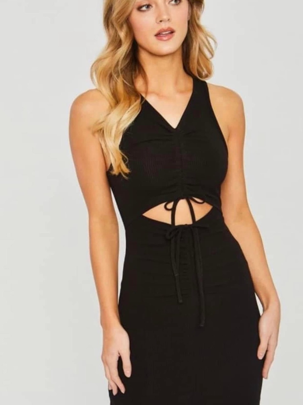Love Tree Black Sleeveless Ruched Cutout Tie-Front Midi Dress